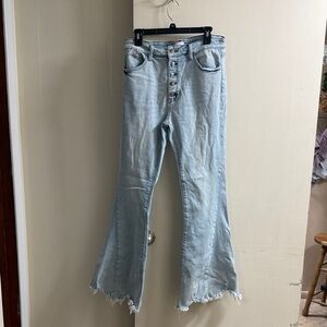 Pink Lily Light Blue Flared Jeans with Frayed Hem